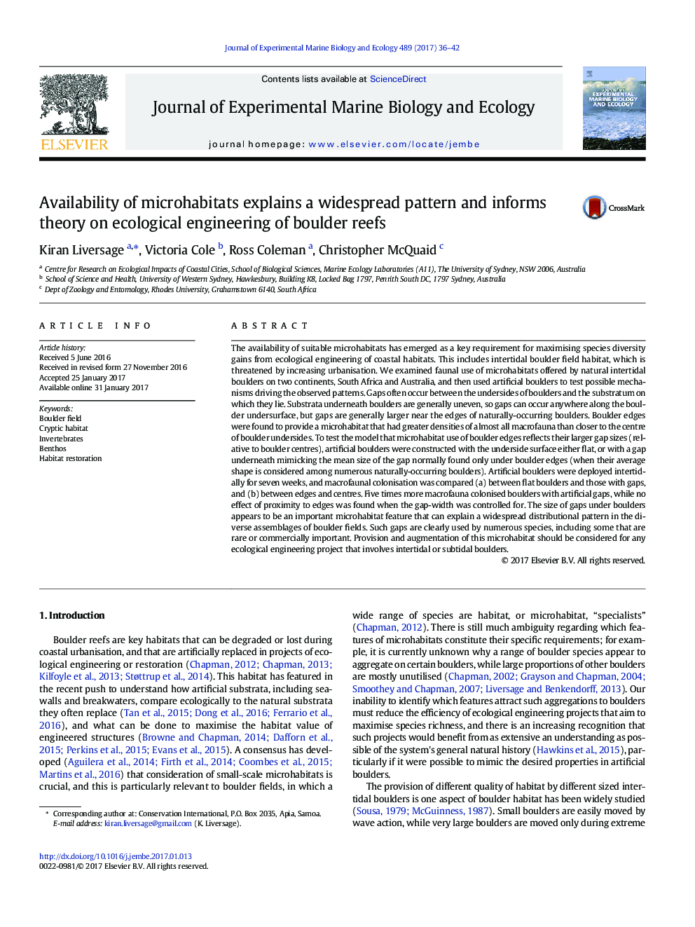 Availability of microhabitats explains a widespread pattern and informs theory on ecological engineering of boulder reefs