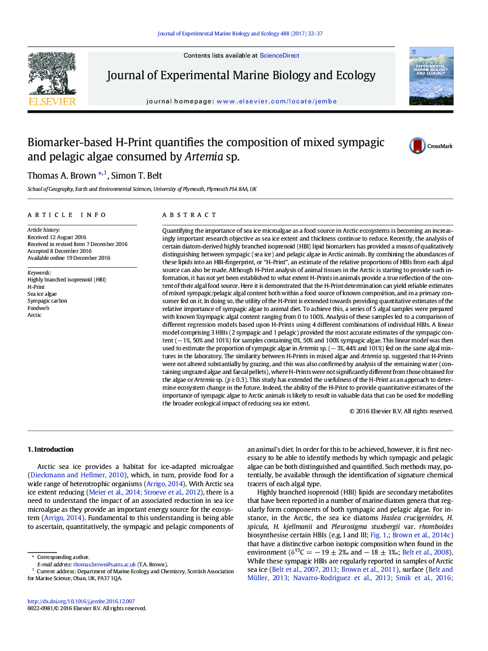 Biomarker-based H-Print quantifies the composition of mixed sympagic and pelagic algae consumed by Artemia sp.