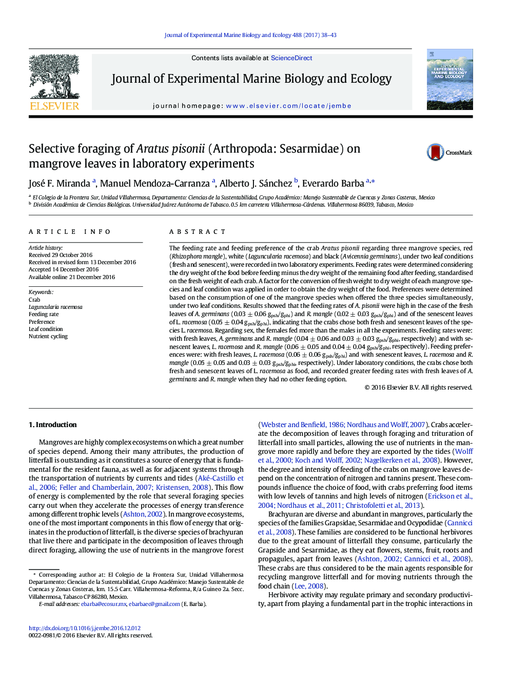 Selective foraging of Aratus pisonii (Arthropoda: Sesarmidae) on mangrove leaves in laboratory experiments