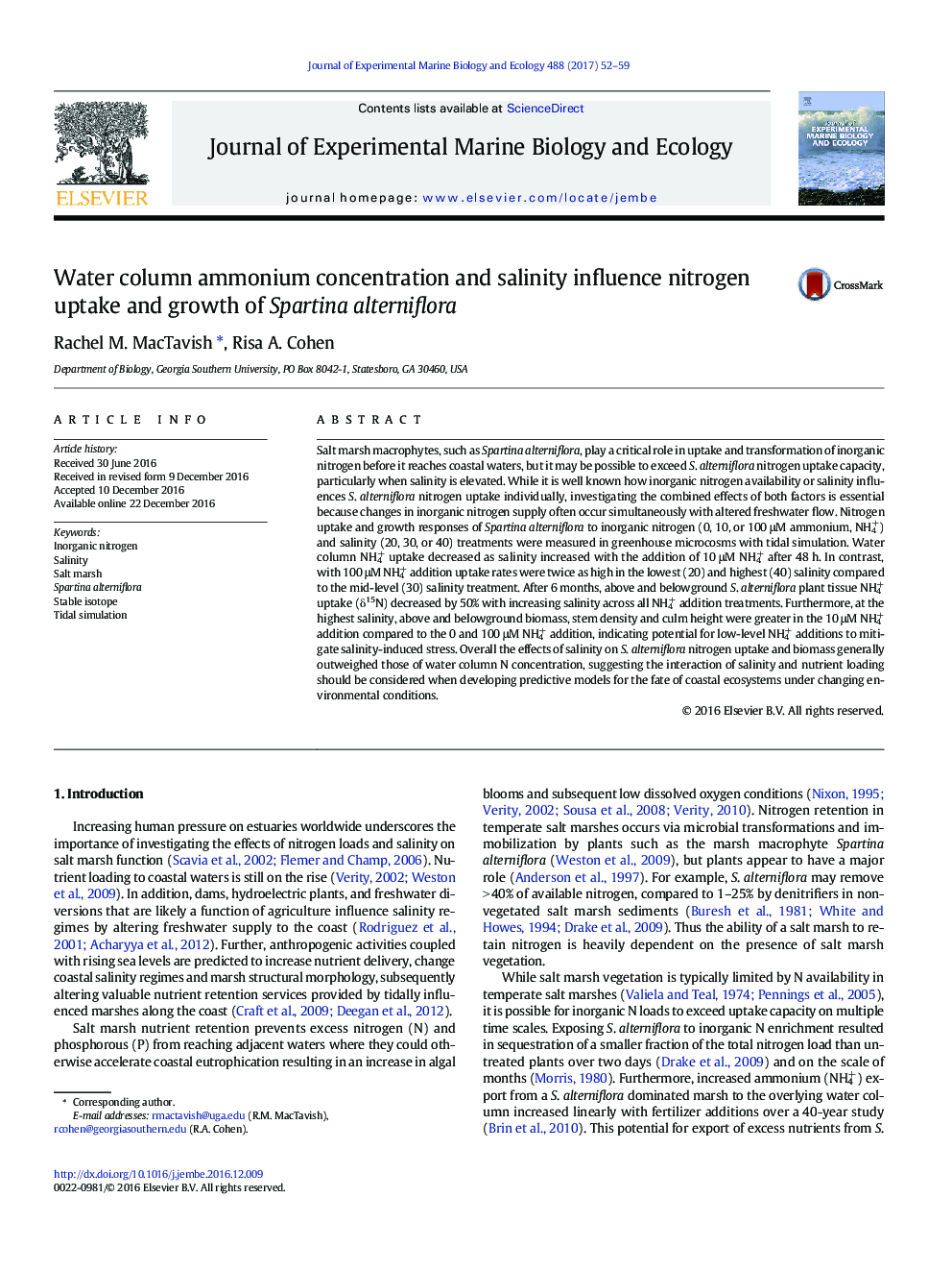 Water column ammonium concentration and salinity influence nitrogen uptake and growth of Spartina alterniflora