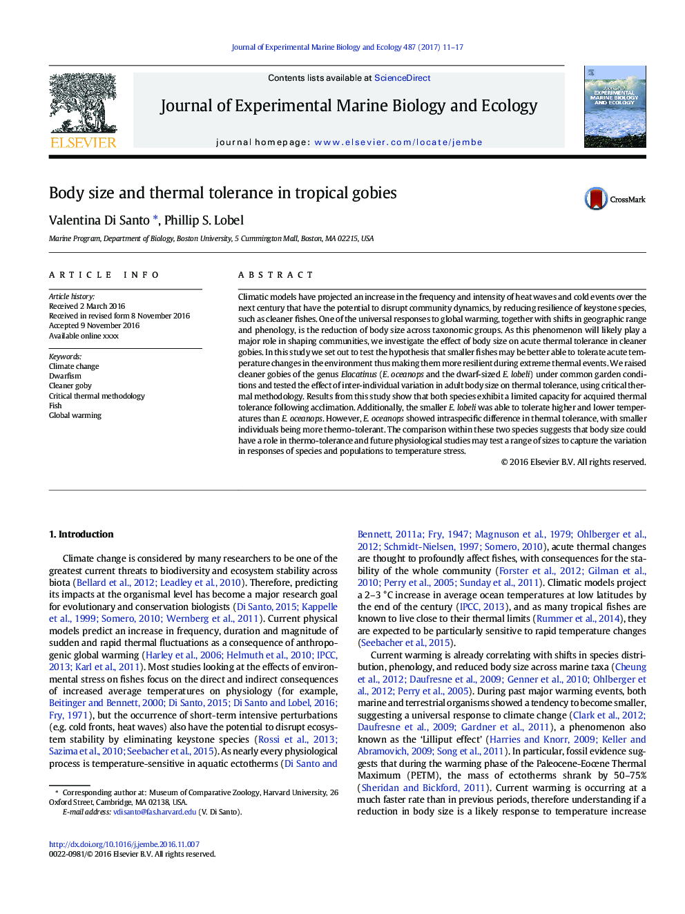 Body size and thermal tolerance in tropical gobies