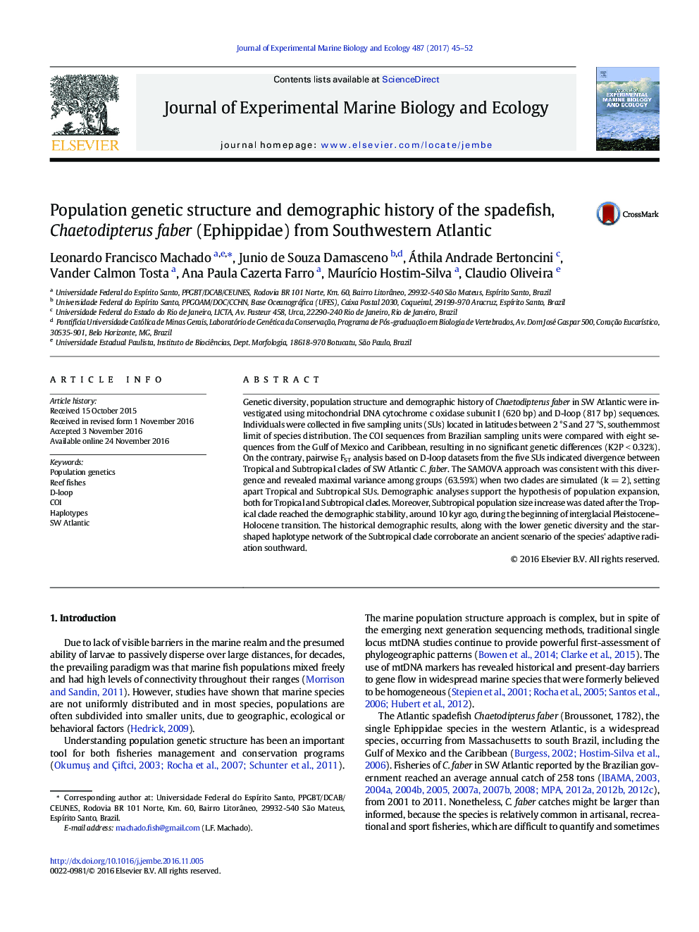 Population genetic structure and demographic history of the spadefish, Chaetodipterus faber (Ephippidae) from Southwestern Atlantic