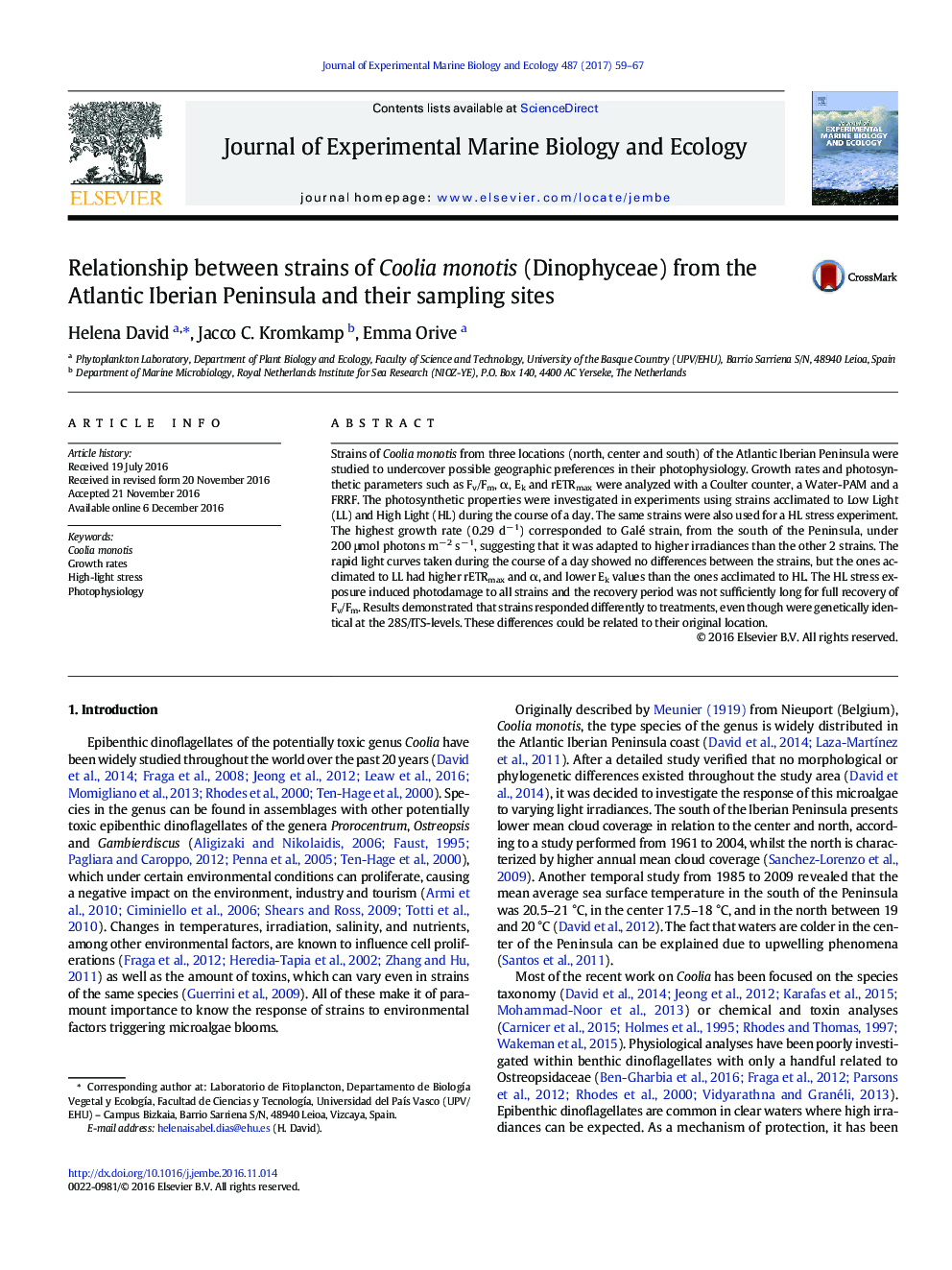 Relationship between strains of Coolia monotis (Dinophyceae) from the Atlantic Iberian Peninsula and their sampling sites