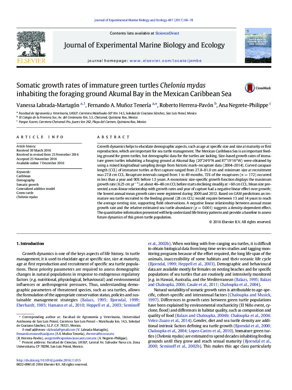 Somatic growth rates of immature green turtles Chelonia mydas inhabiting the foraging ground Akumal Bay in the Mexican Caribbean Sea