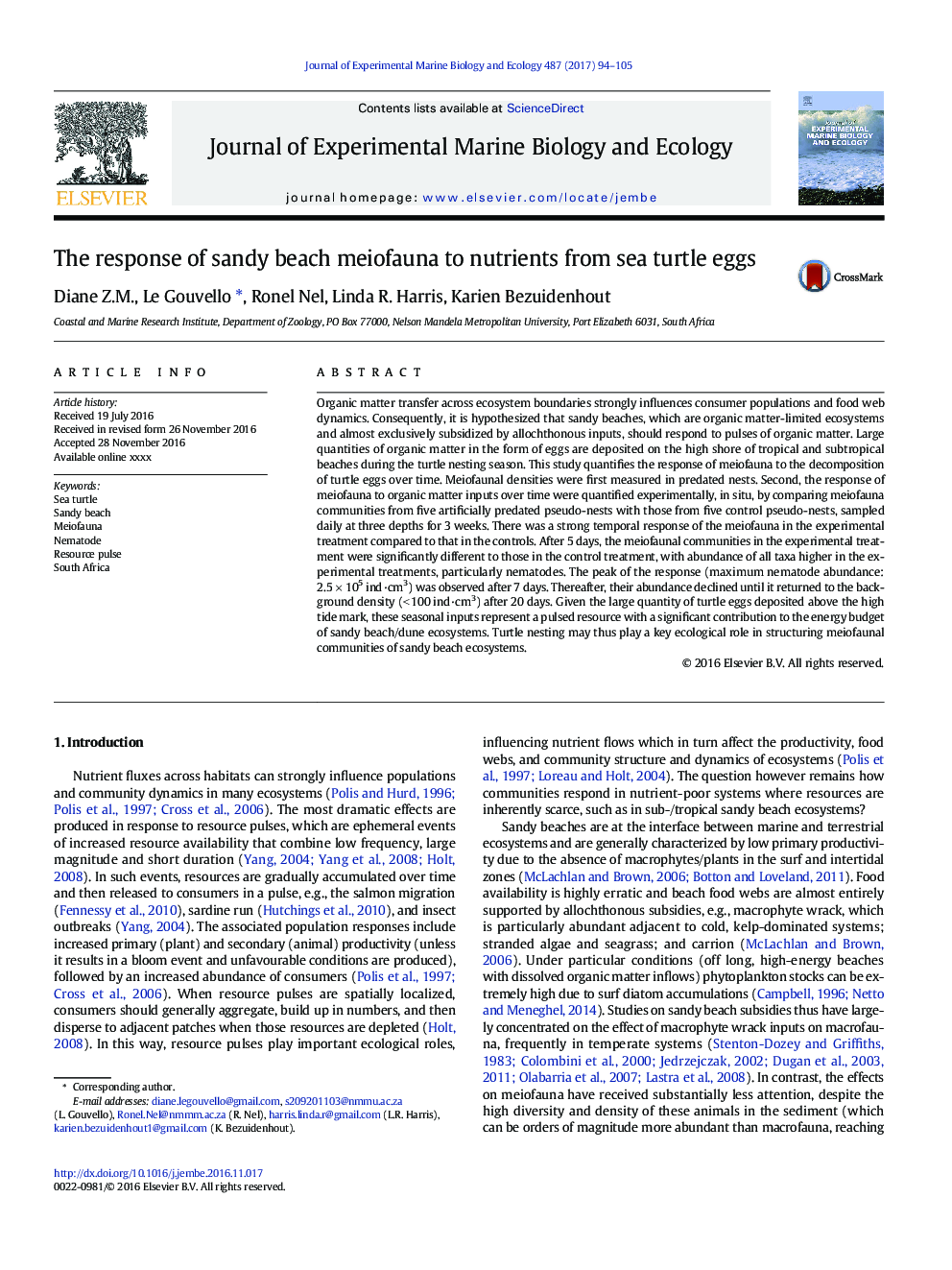 The response of sandy beach meiofauna to nutrients from sea turtle eggs