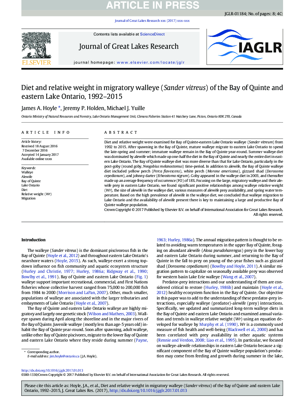 Diet and relative weight in migratory walleye (Sander vitreus) of the Bay of Quinte and eastern Lake Ontario, 1992-2015