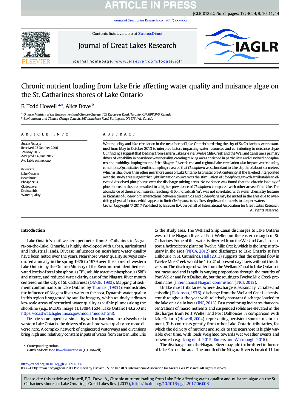 Chronic nutrient loading from Lake Erie affecting water quality and nuisance algae on the St. Catharines shores of Lake Ontario