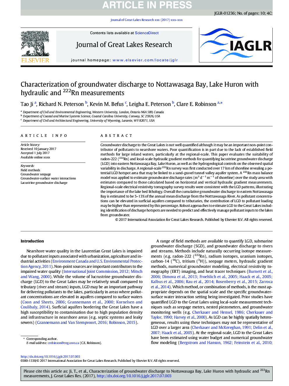 Characterization of groundwater discharge to Nottawasaga Bay, Lake Huron with hydraulic and 222Rn measurements