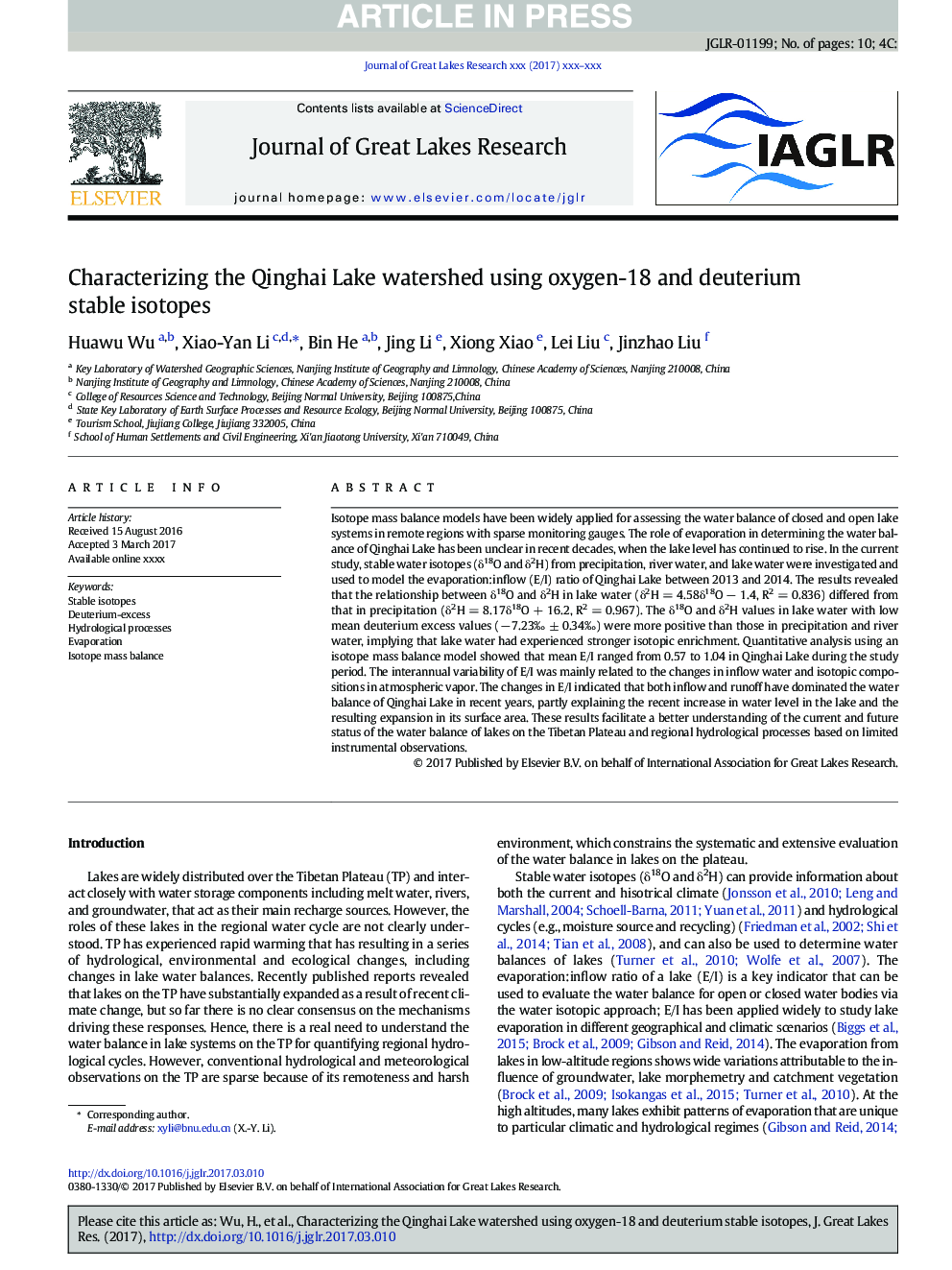 Characterizing the Qinghai Lake watershed using oxygen-18 and deuterium stable isotopes