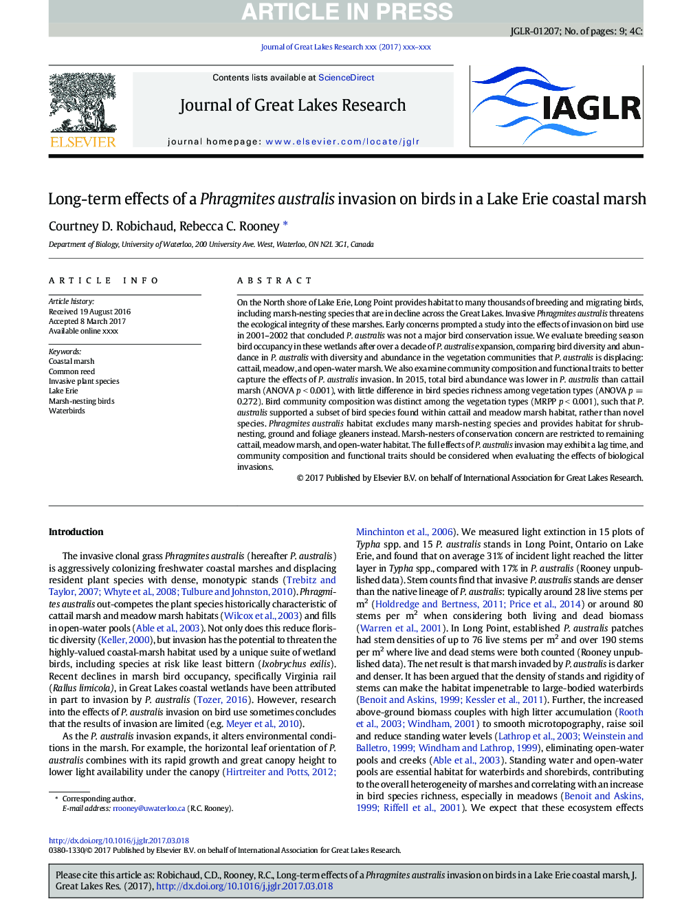 Long-term effects of a Phragmites australis invasion on birds in a Lake Erie coastal marsh