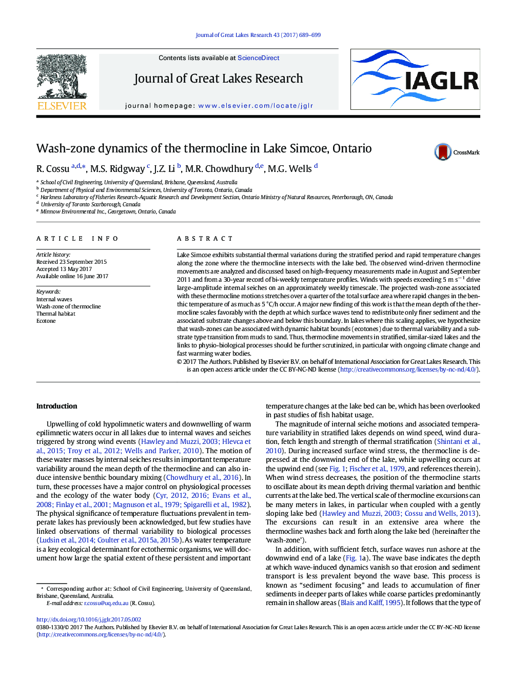 Wash-zone dynamics of the thermocline in Lake Simcoe, Ontario