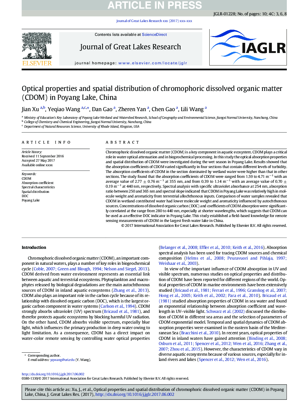 Optical properties and spatial distribution of chromophoric dissolved organic matter (CDOM) in Poyang Lake, China