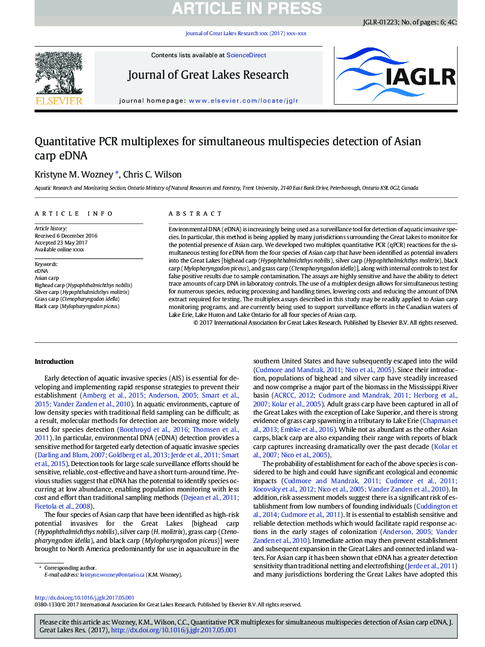 Quantitative PCR multiplexes for simultaneous multispecies detection of Asian carp eDNA