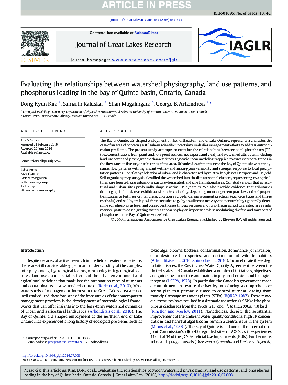 Evaluating the relationships between watershed physiography, land use patterns, and phosphorus loading in the bay of Quinte basin, Ontario, Canada