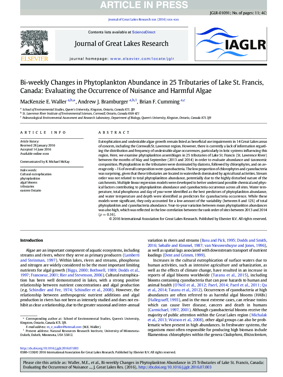 Bi-weekly Changes in Phytoplankton Abundance in 25 Tributaries of Lake St. Francis, Canada: Evaluating the Occurrence of Nuisance and Harmful Algae