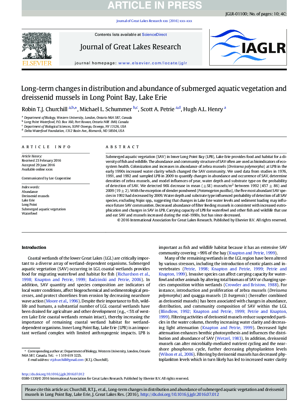 Long-term changes in distribution and abundance of submerged aquatic vegetation and dreissenid mussels in Long Point Bay, Lake Erie