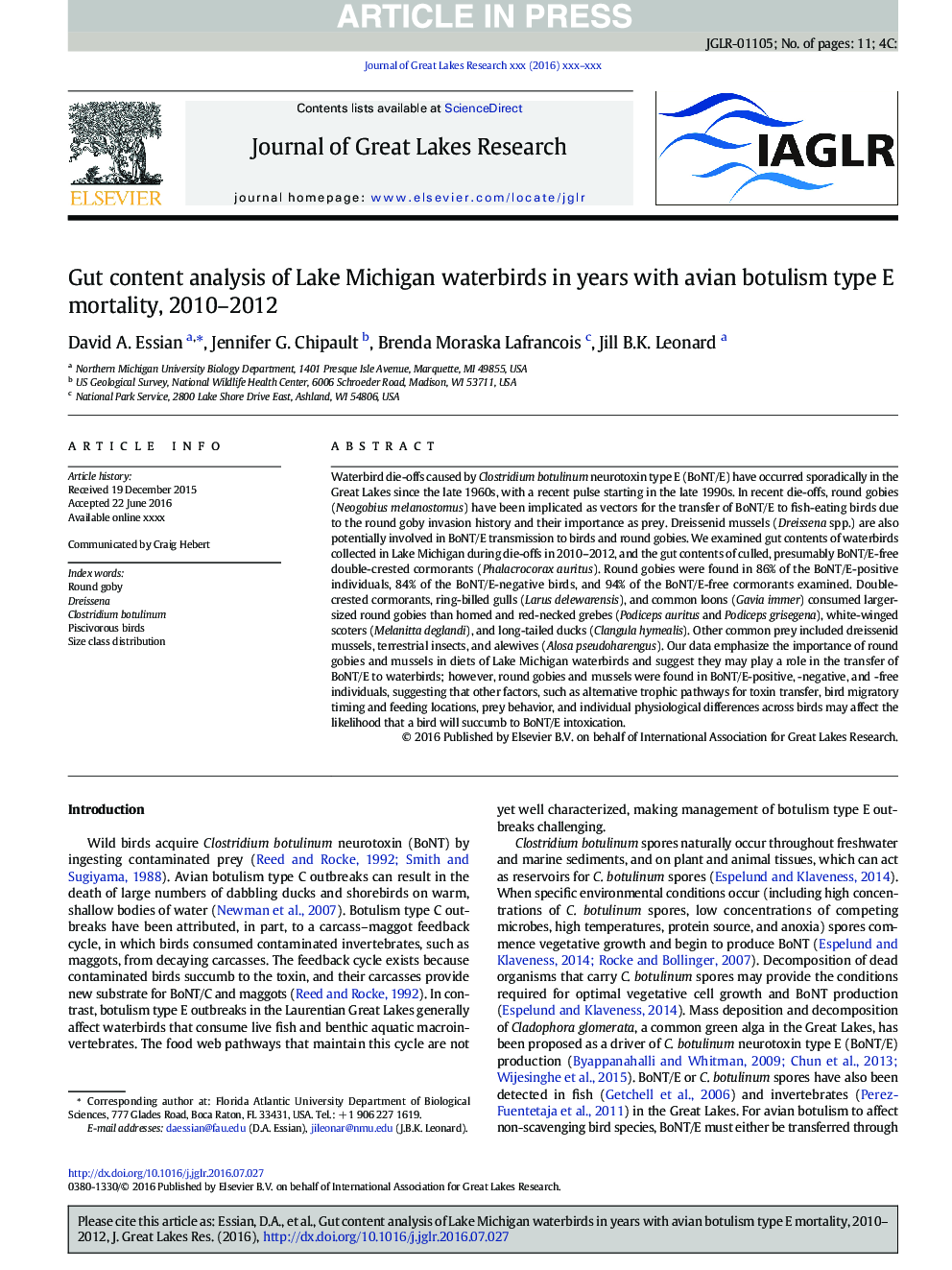 Gut content analysis of Lake Michigan waterbirds in years with avian botulism type E mortality, 2010-2012