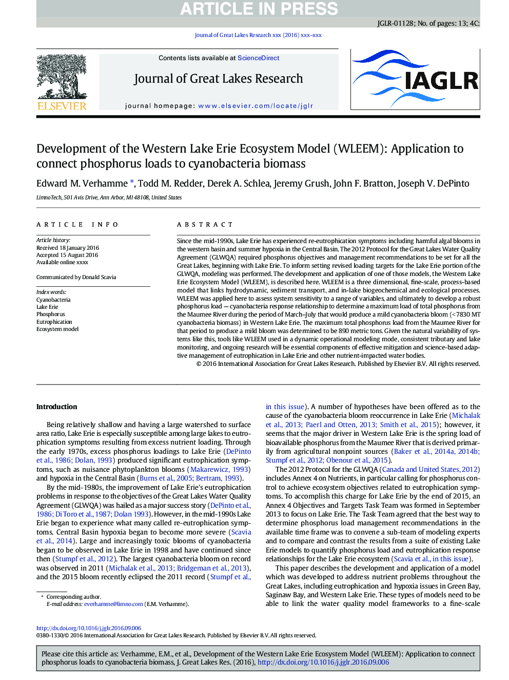 Development of the Western Lake Erie Ecosystem Model (WLEEM): Application to connect phosphorus loads to cyanobacteria biomass