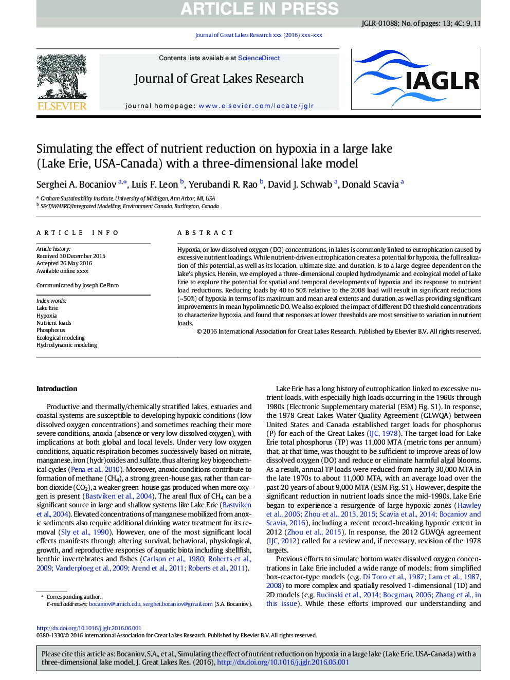 Simulating the effect of nutrient reduction on hypoxia in a large lake (Lake Erie, USA-Canada) with a three-dimensional lake model