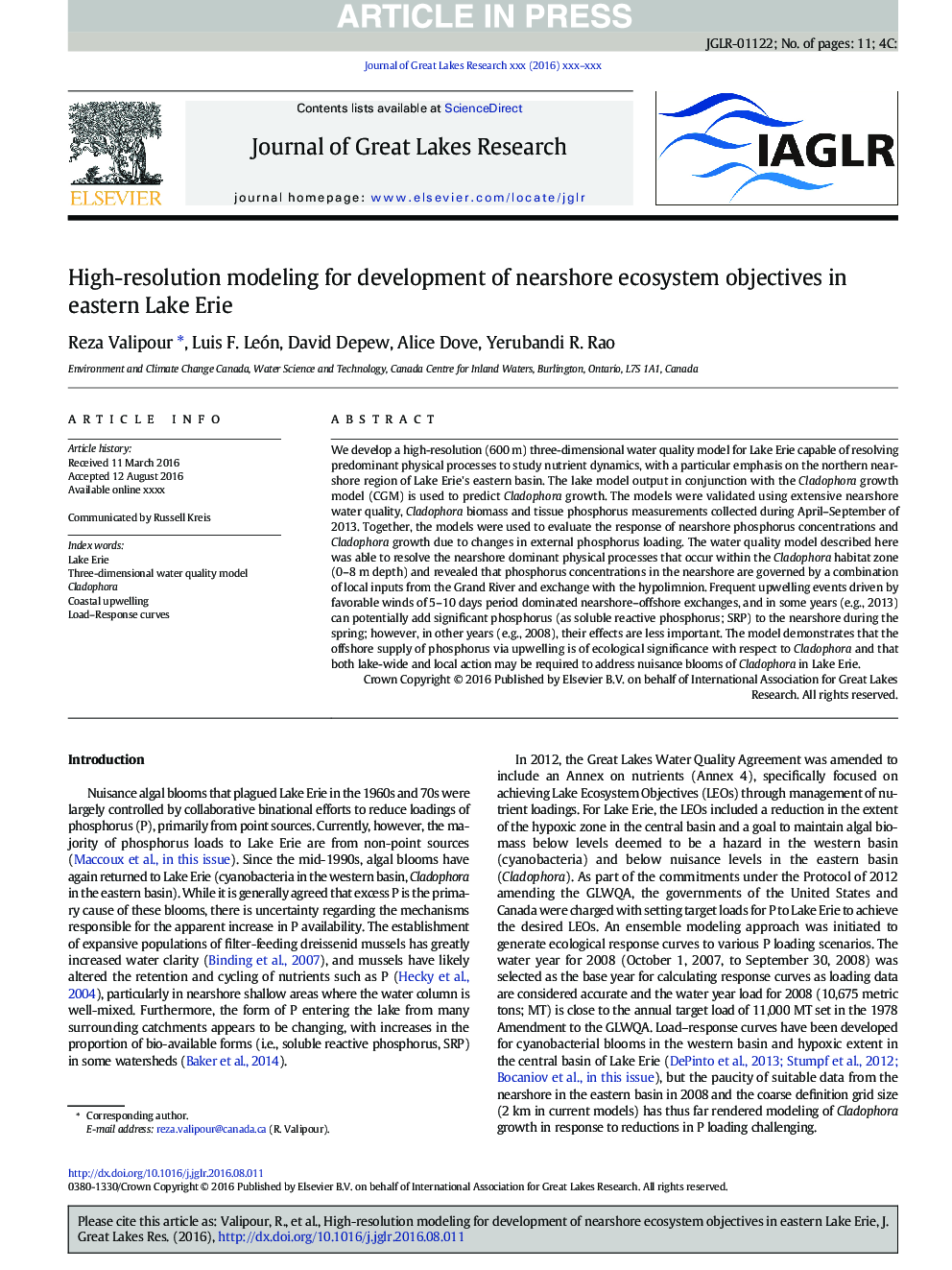 High-resolution modeling for development of nearshore ecosystem objectives in eastern Lake Erie