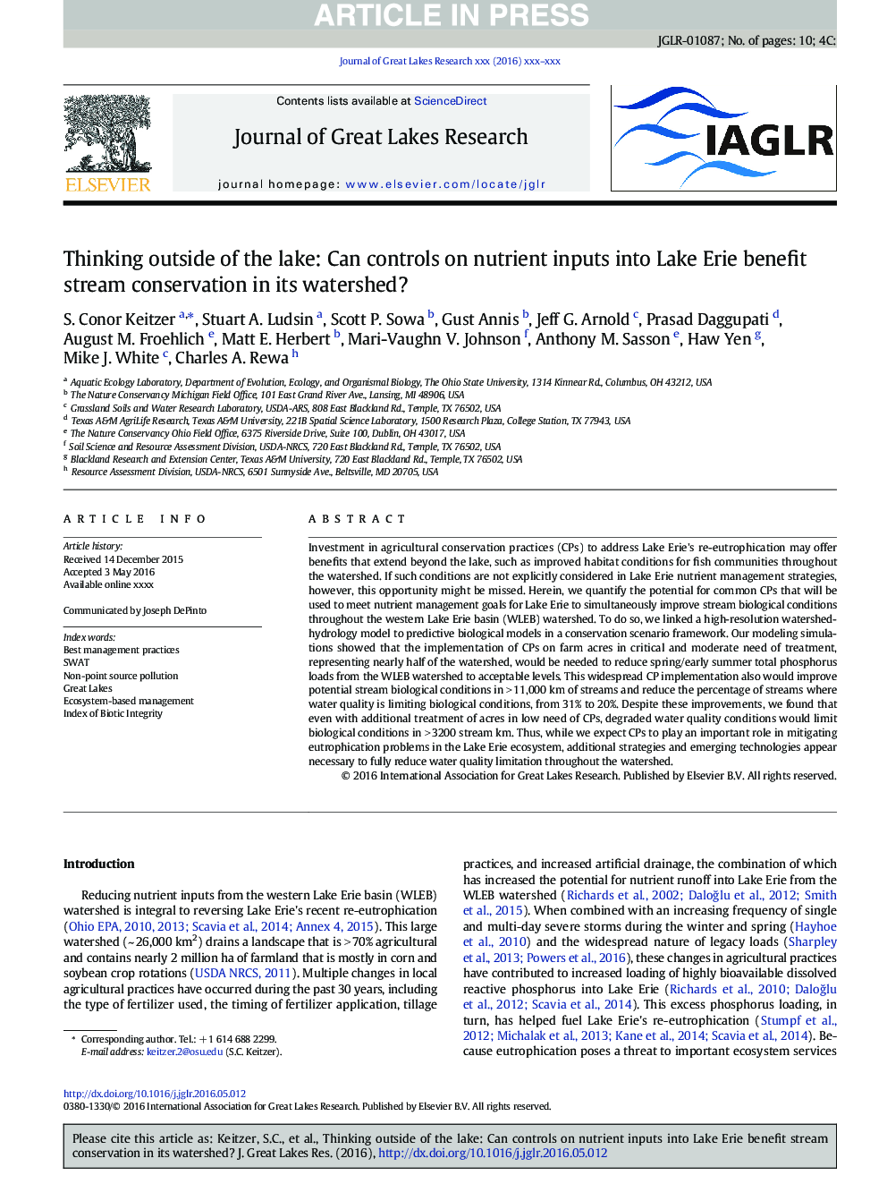 Thinking outside of the lake: Can controls on nutrient inputs into Lake Erie benefit stream conservation in its watershed?