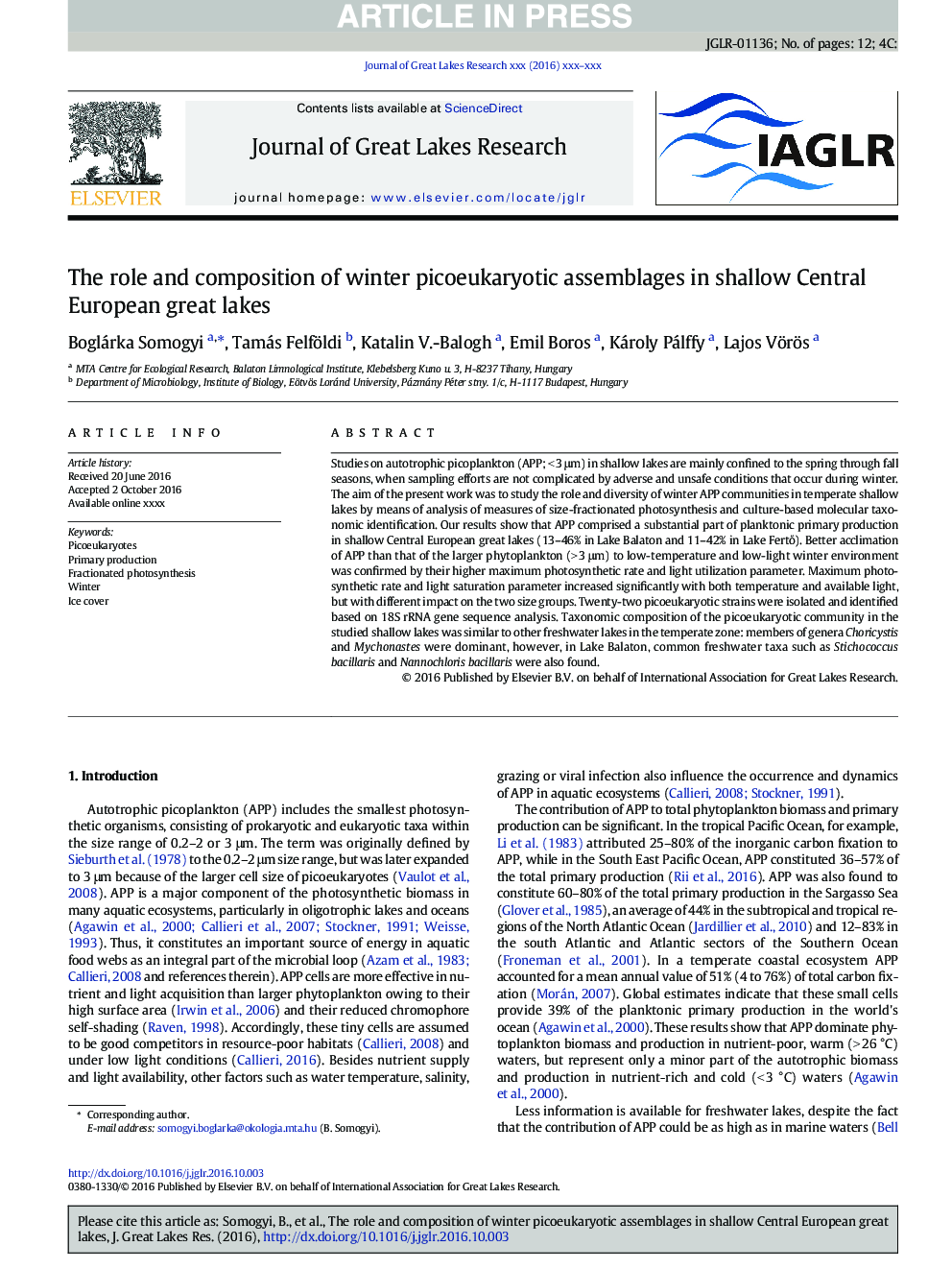 The role and composition of winter picoeukaryotic assemblages in shallow Central European great lakes