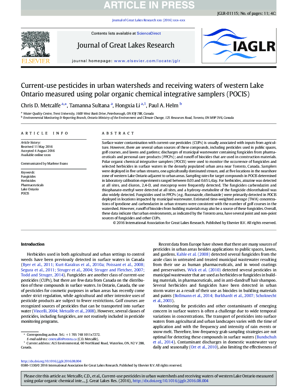 Current-use pesticides in urban watersheds and receiving waters of western Lake Ontario measured using polar organic chemical integrative samplers (POCIS)