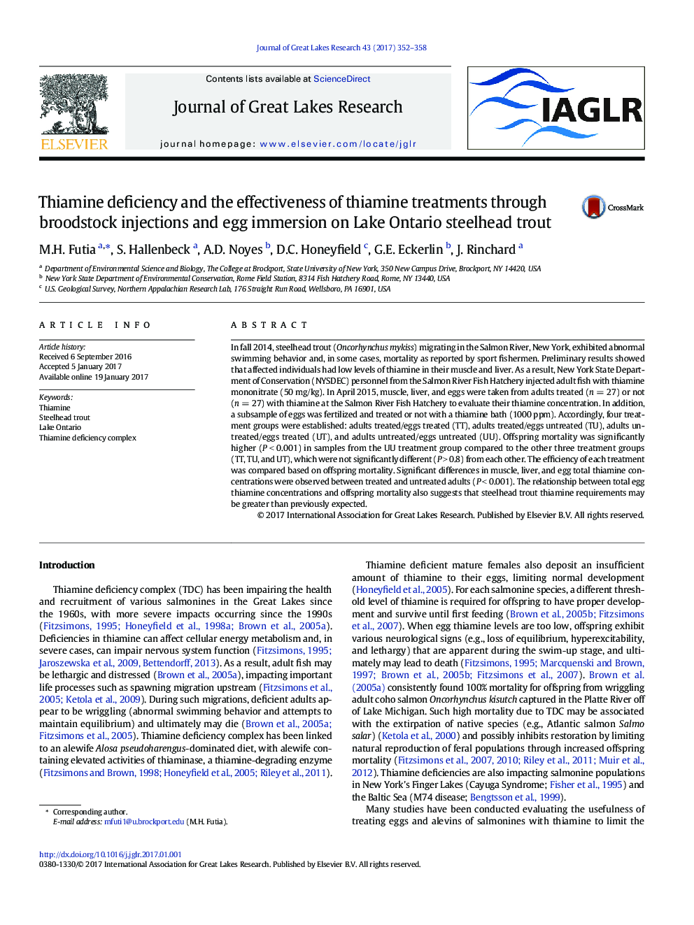 Thiamine deficiency and the effectiveness of thiamine treatments through broodstock injections and egg immersion on Lake Ontario steelhead trout