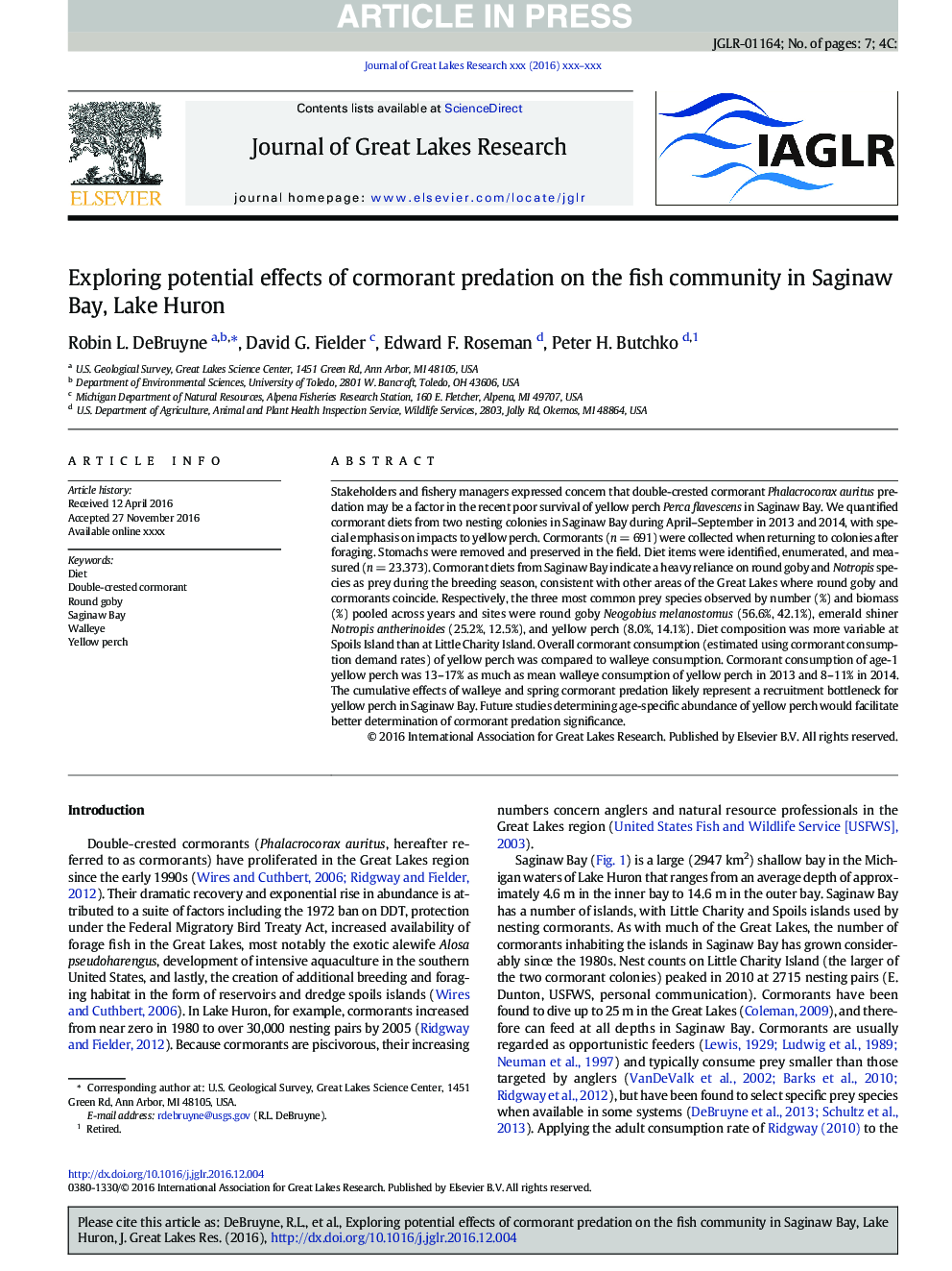 Exploring potential effects of cormorant predation on the fish community in Saginaw Bay, Lake Huron