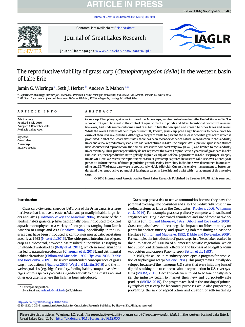 The reproductive viability of grass carp (Ctenopharyngodon idella) in the western basin of Lake Erie