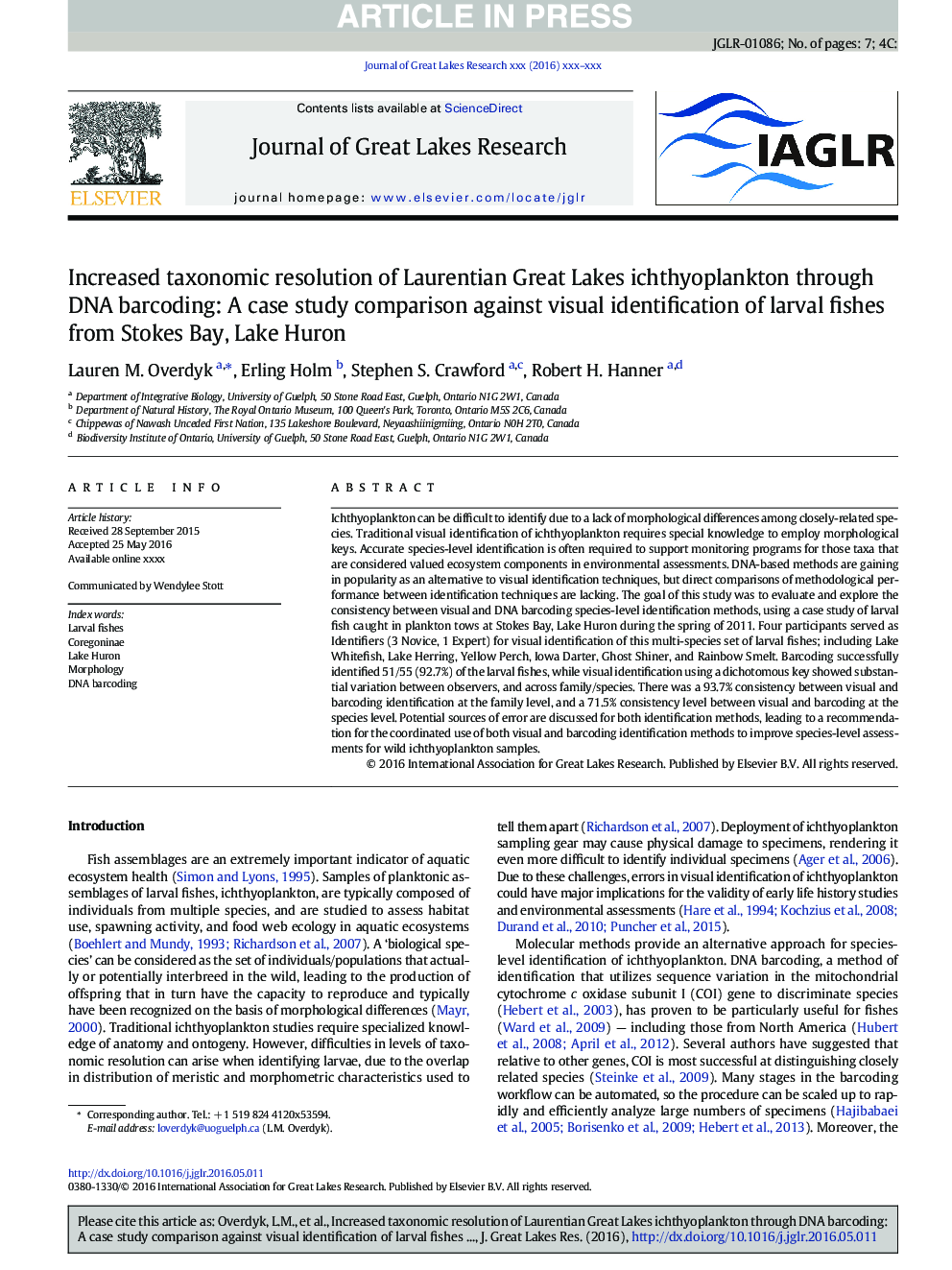 Increased taxonomic resolution of Laurentian Great Lakes ichthyoplankton through DNA barcoding: A case study comparison against visual identification of larval fishes from Stokes Bay, Lake Huron