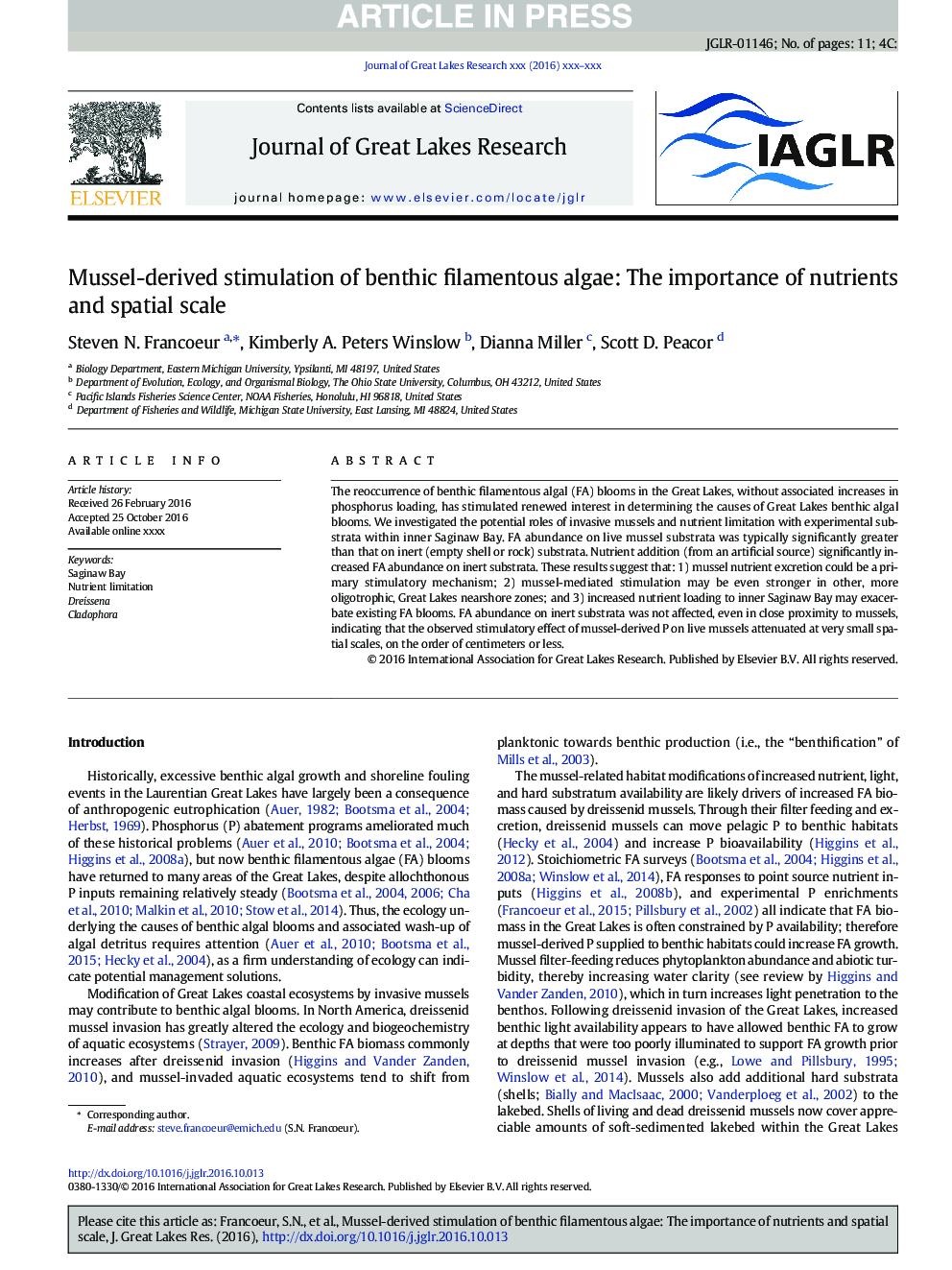 Mussel-derived stimulation of benthic filamentous algae: The importance of nutrients and spatial scale