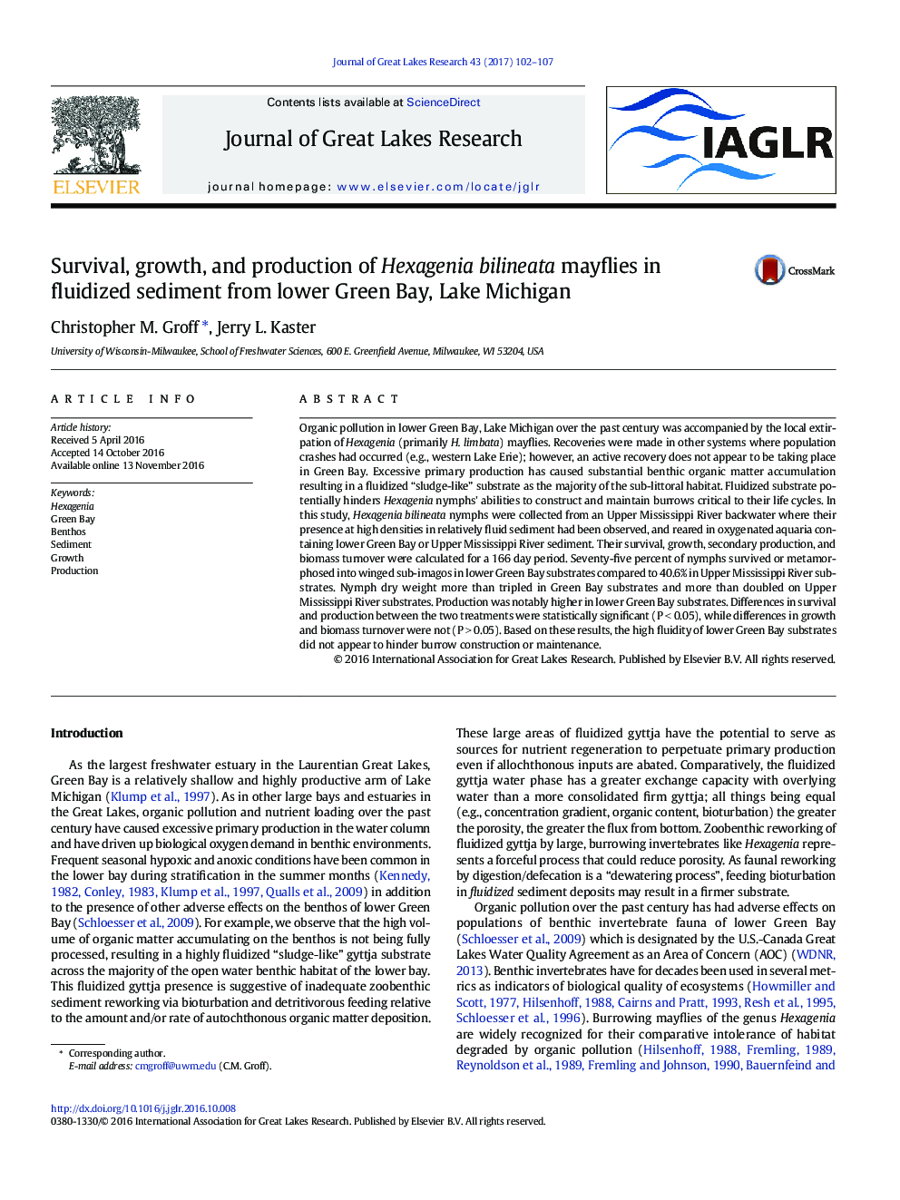 Survival, growth, and production of Hexagenia bilineata mayflies in fluidized sediment from lower Green Bay, Lake Michigan