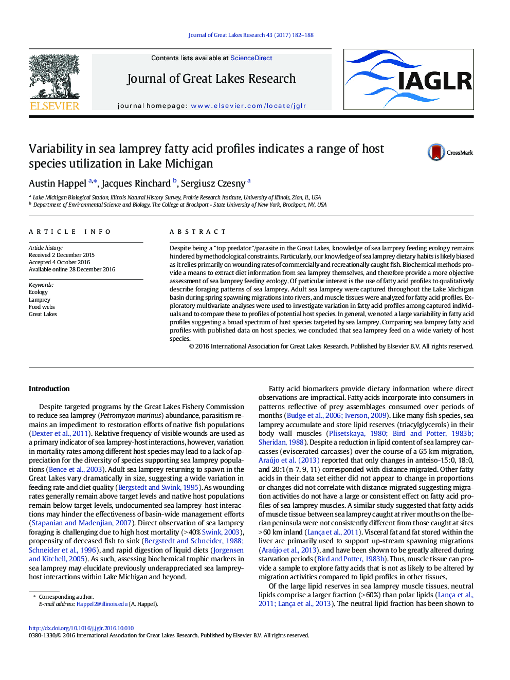 تغییرات در پروفیل های اسید چرب دریایی نشان دهنده طیف وسیعی از استفاده از گونه های میزبان در دریاچه میشیگان است 