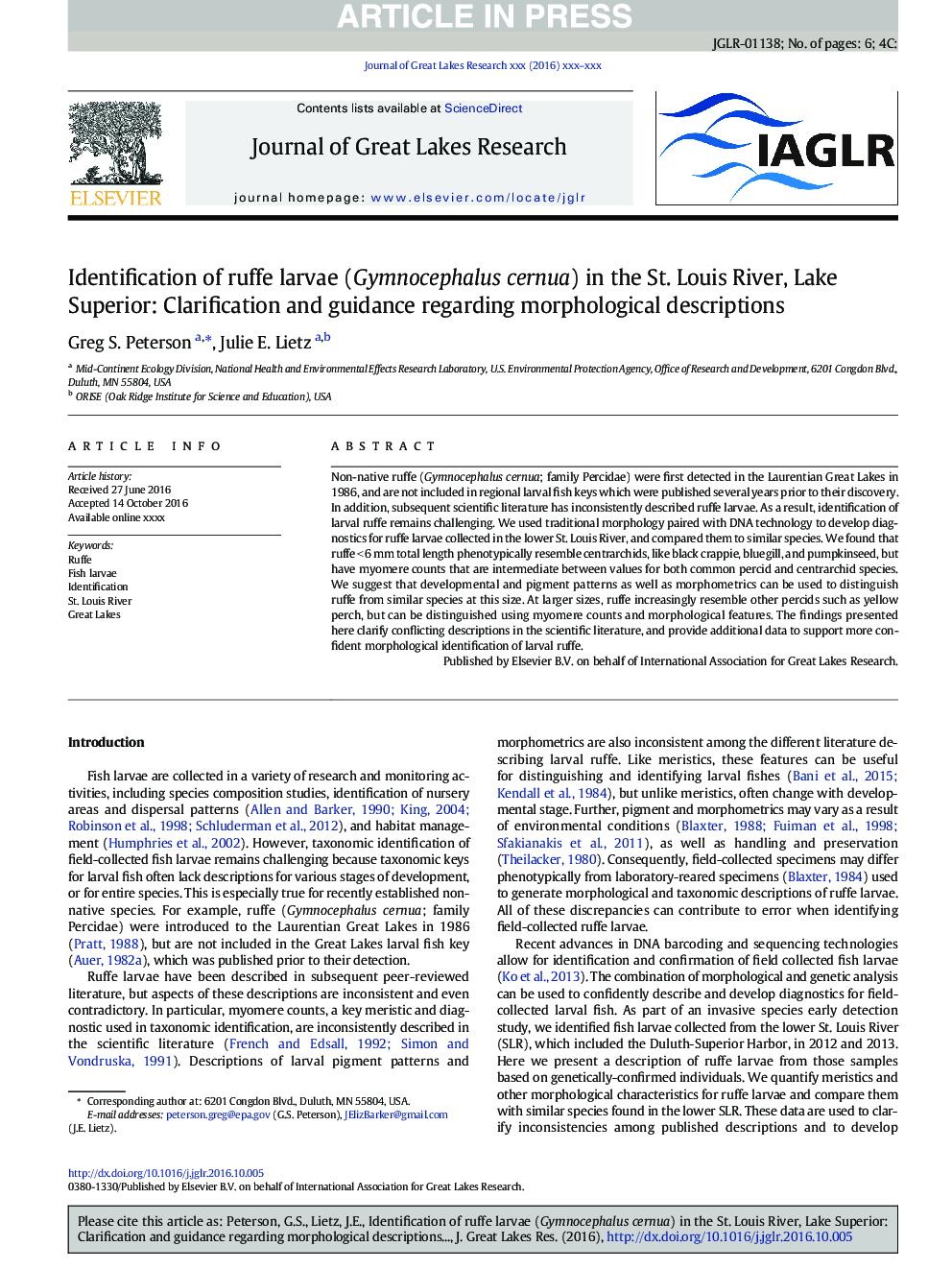 Identification of ruffe larvae (Gymnocephalus cernua) in the St. Louis River, Lake Superior: Clarification and guidance regarding morphological descriptions