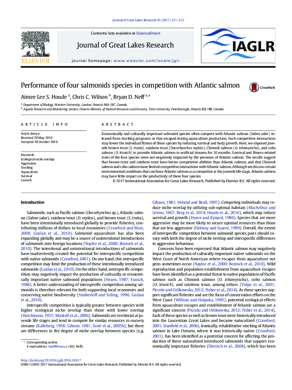 Performance of four salmonids species in competition with Atlantic salmon