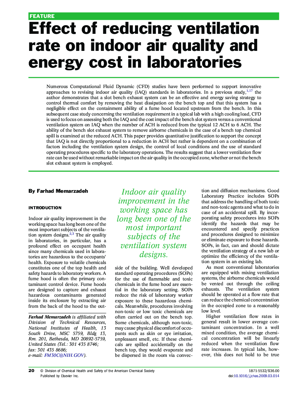 Effect of reducing ventilation rate on indoor air quality and energy cost in laboratories