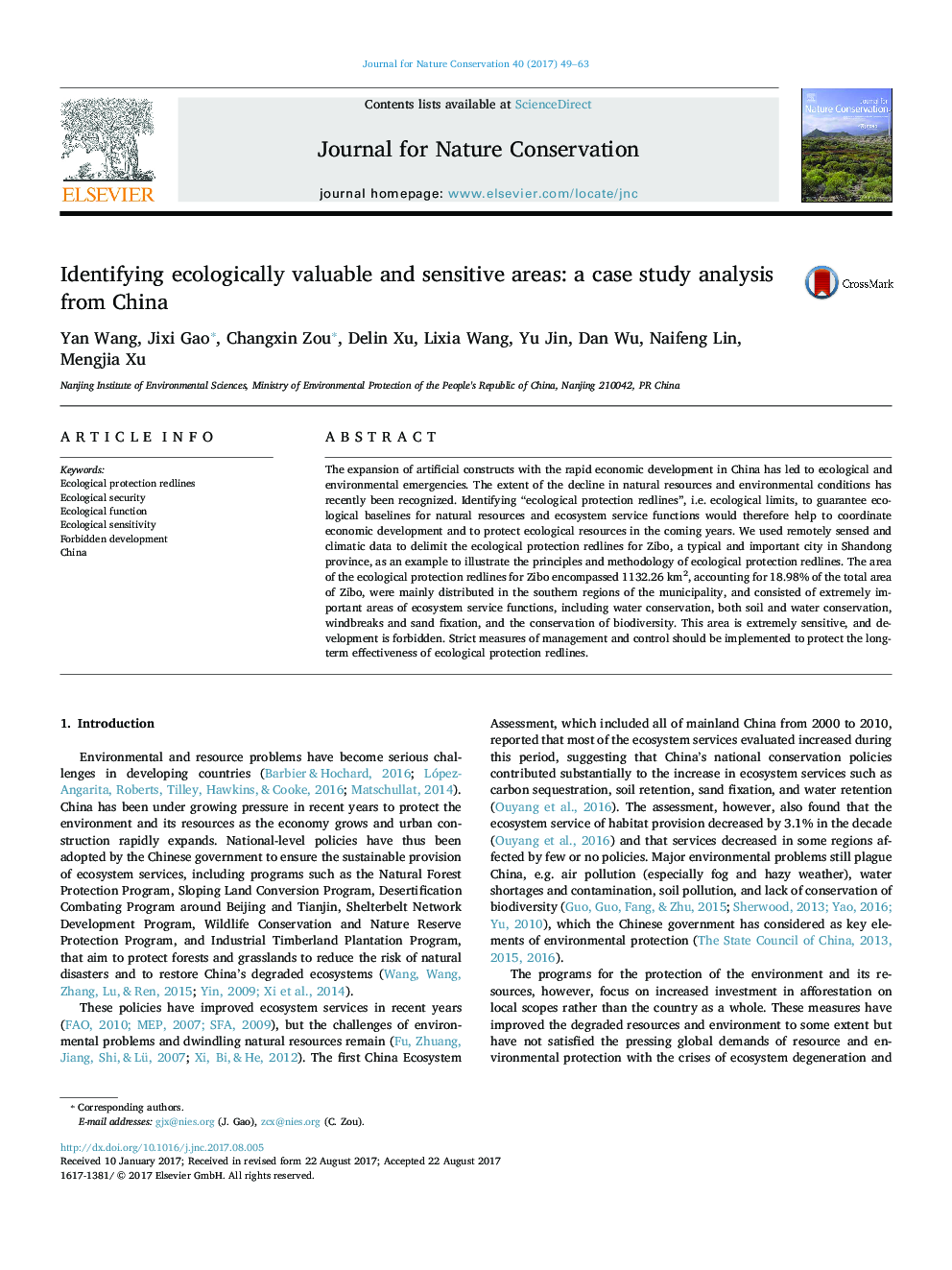 Identifying ecologically valuable and sensitive areas: a case study analysis from China