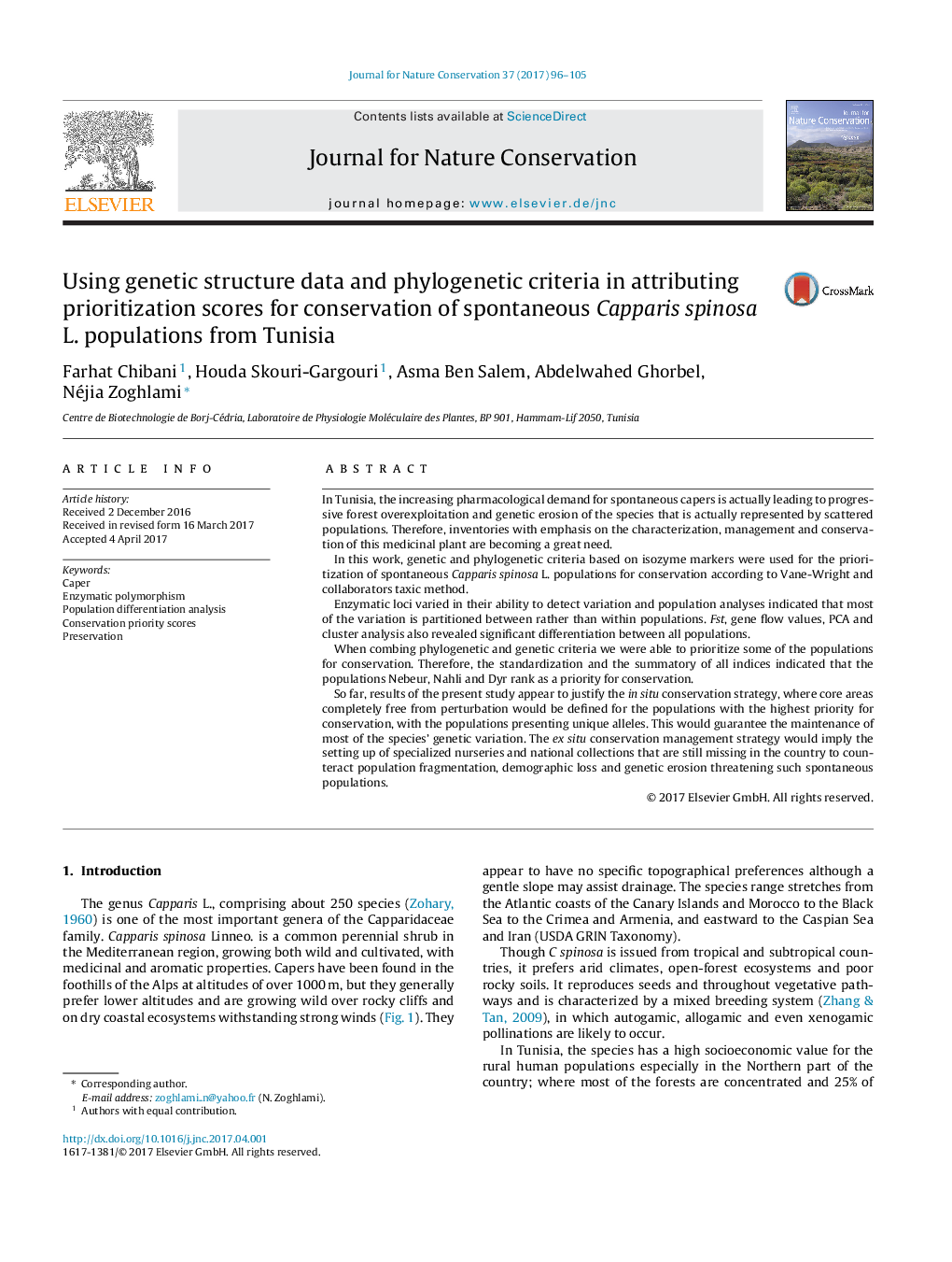 Using genetic structure data and phylogenetic criteria in attributing prioritization scores for conservation of spontaneous Capparis spinosa L. populations from Tunisia