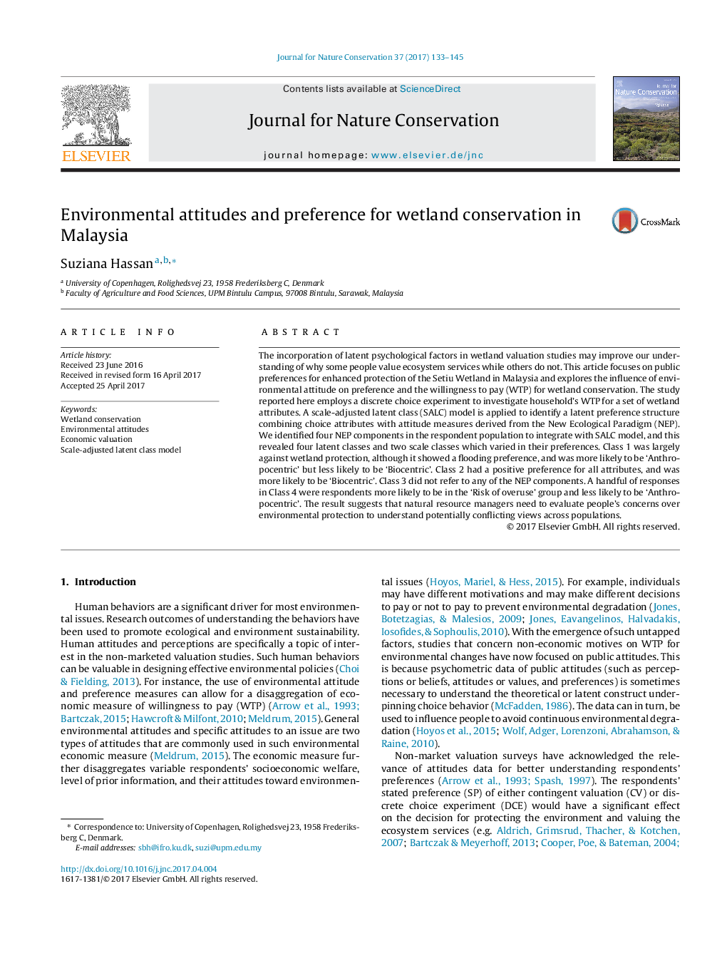 Environmental attitudes and preference for wetland conservation in Malaysia