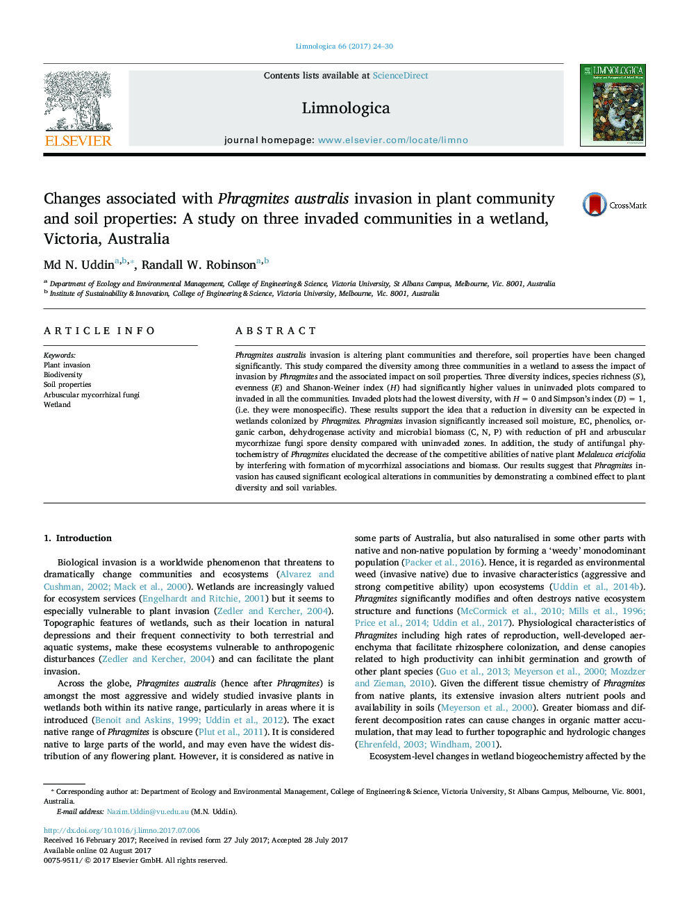 Changes associated with Phragmites australis invasion in plant community and soil properties: A study on three invaded communities in a wetland, Victoria, Australia