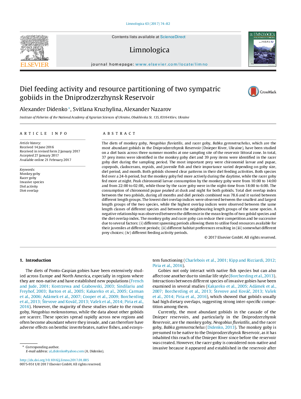 Diel feeding activity and resource partitioning of two sympatric gobiids in the Dniprodzerzhynsk Reservoir