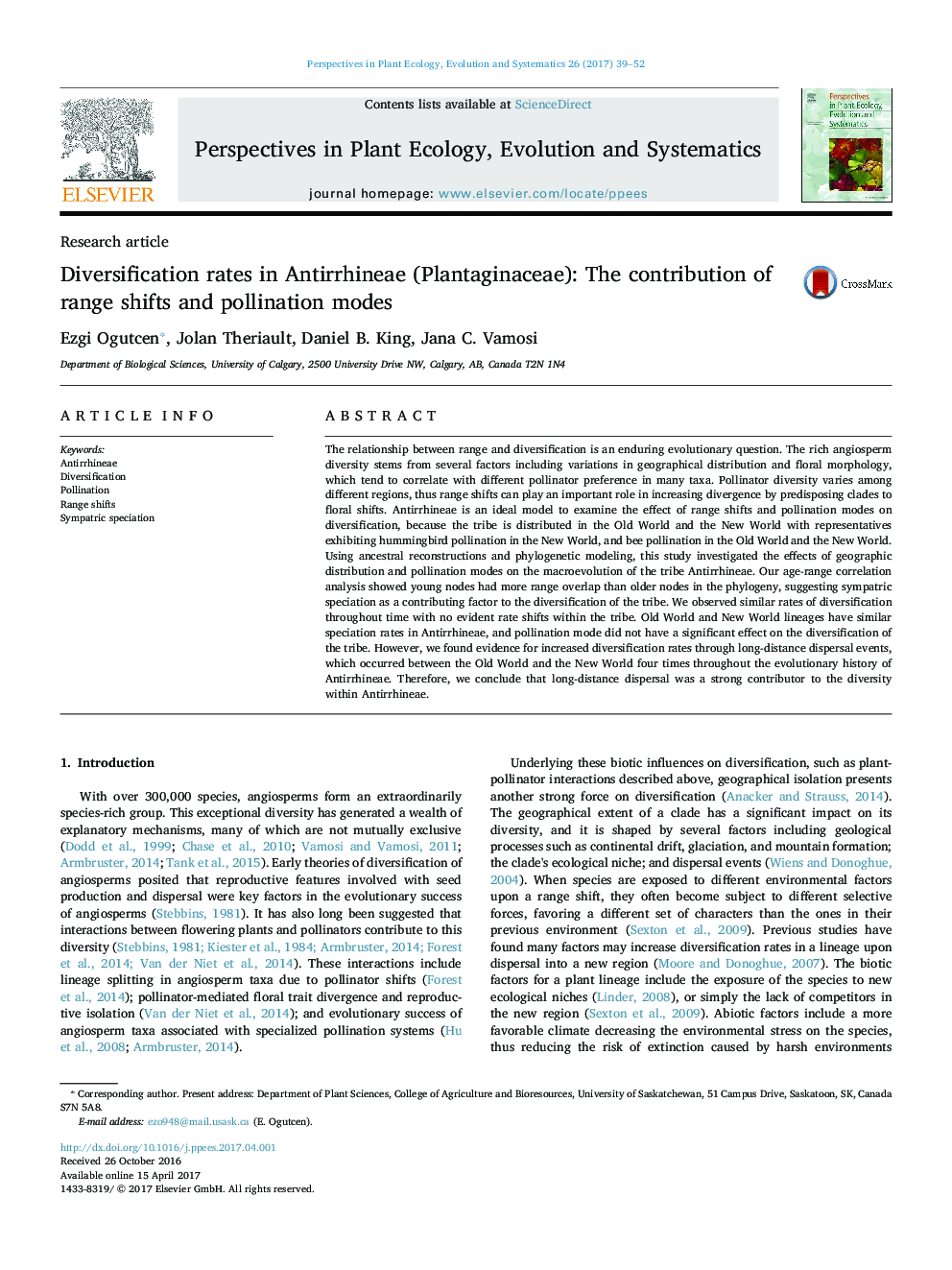 Diversification rates in Antirrhineae (Plantaginaceae): The contribution of range shifts and pollination modes