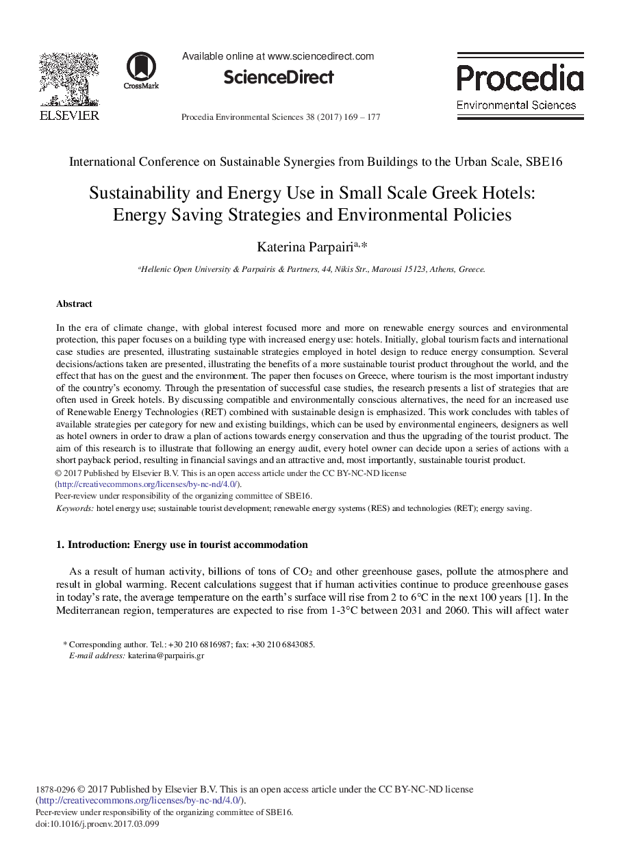 Sustainability and Energy Use in Small Scale Greek Hotels: Energy Saving Strategiesand Environmental Policies