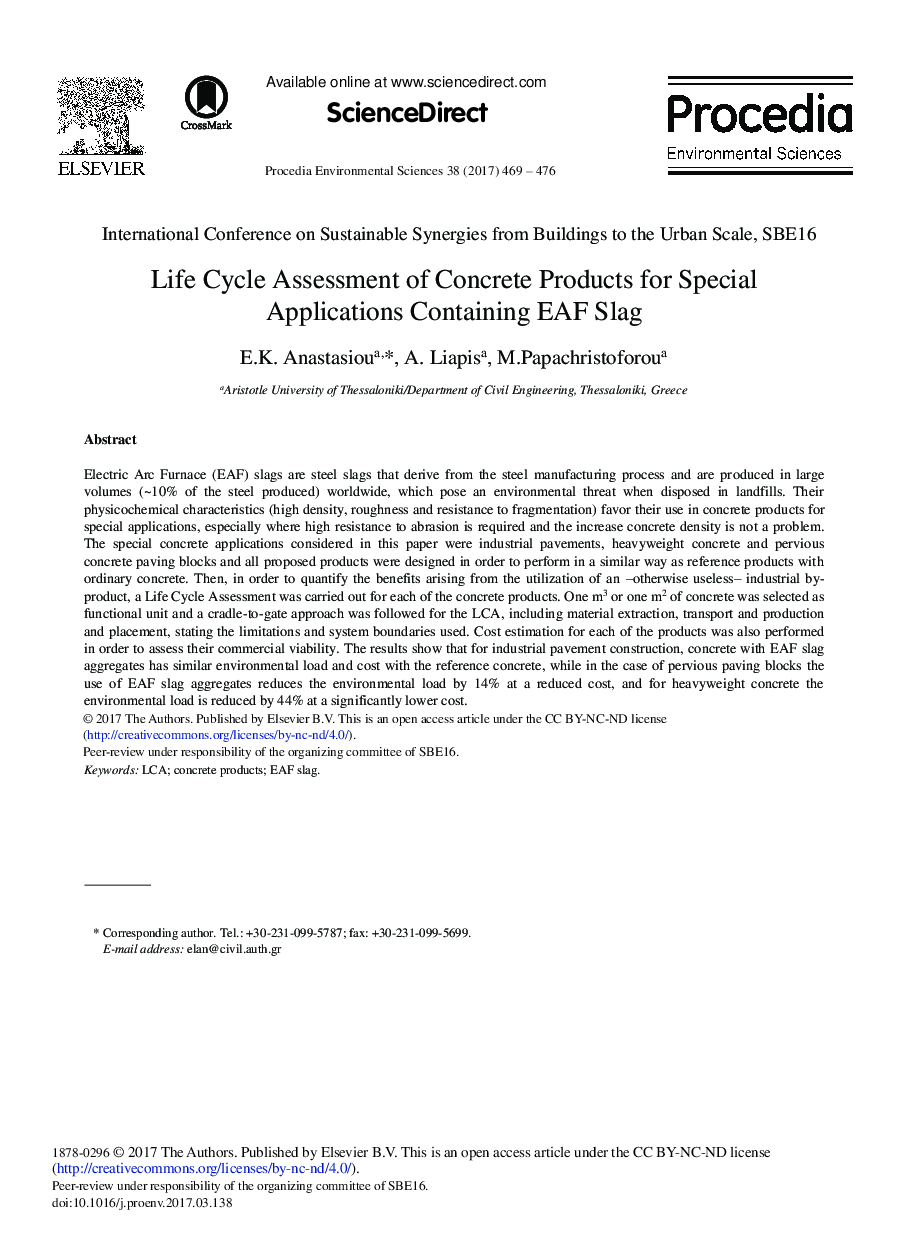 Life Cycle Assessment of Concrete Products for Special Applications Containing EAF Slag