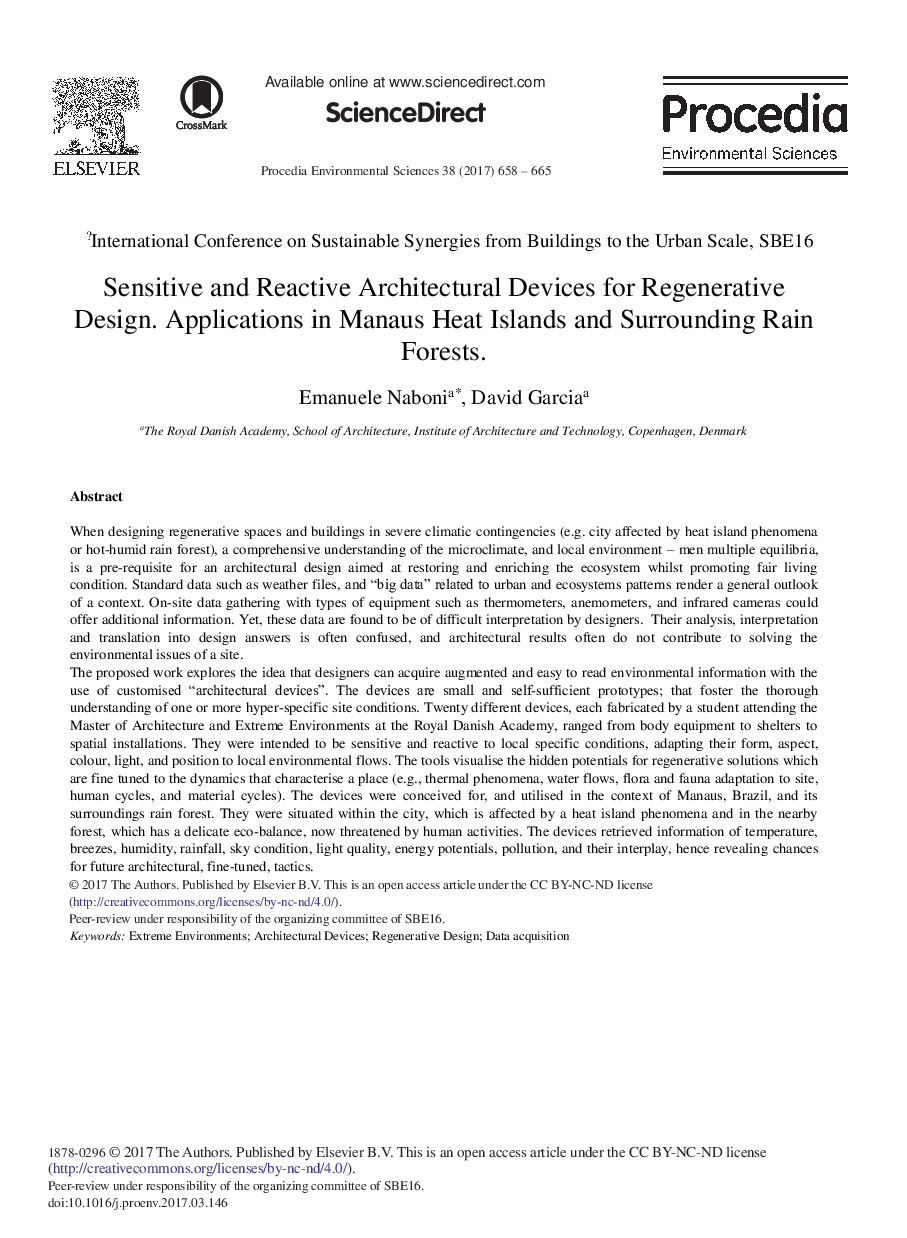 Sensitive and Reactive Architectural Devices for Regenerative Design. Applications in Manaus Heat Islands and Surrounding Rain Forests