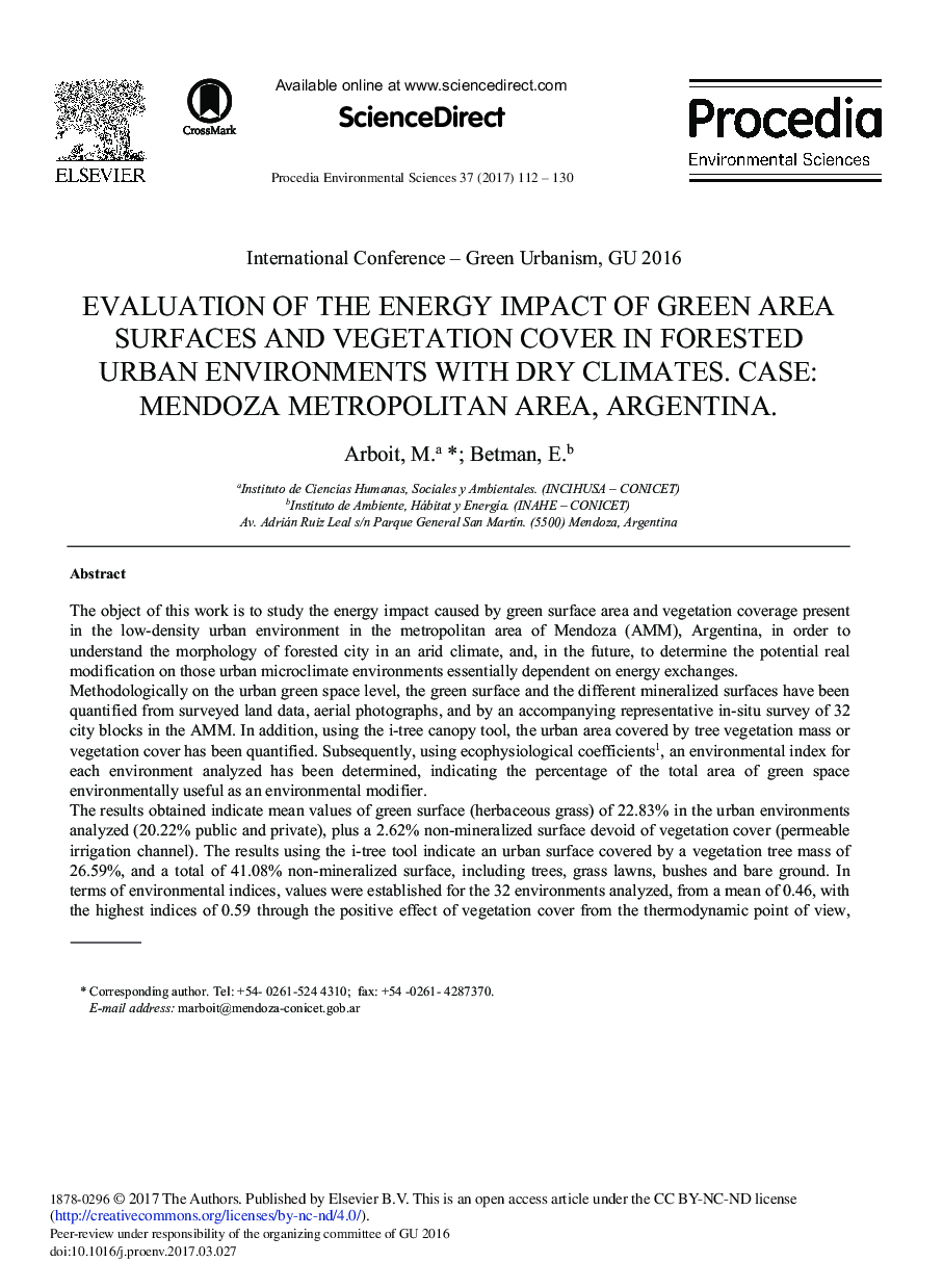بررسی تأثیر انرژی سطوح سبز و پوشش گیاهی در محیط های جنگلی و هوای خشک مورد: منطقه متروپولیتن مندوزا، آرژانتین 