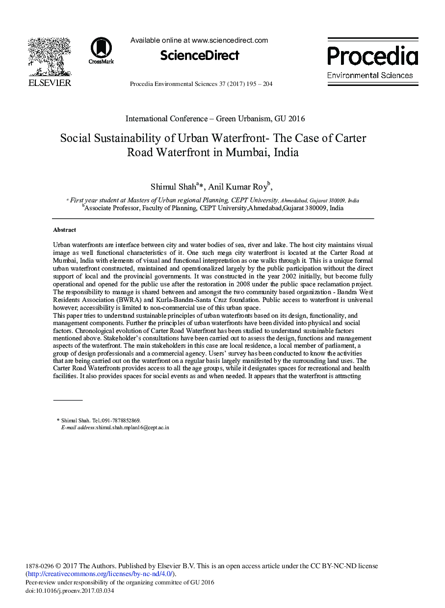 Social Sustainability of Urban Waterfront- The Case of Carter Road Waterfront in Mumbai, India