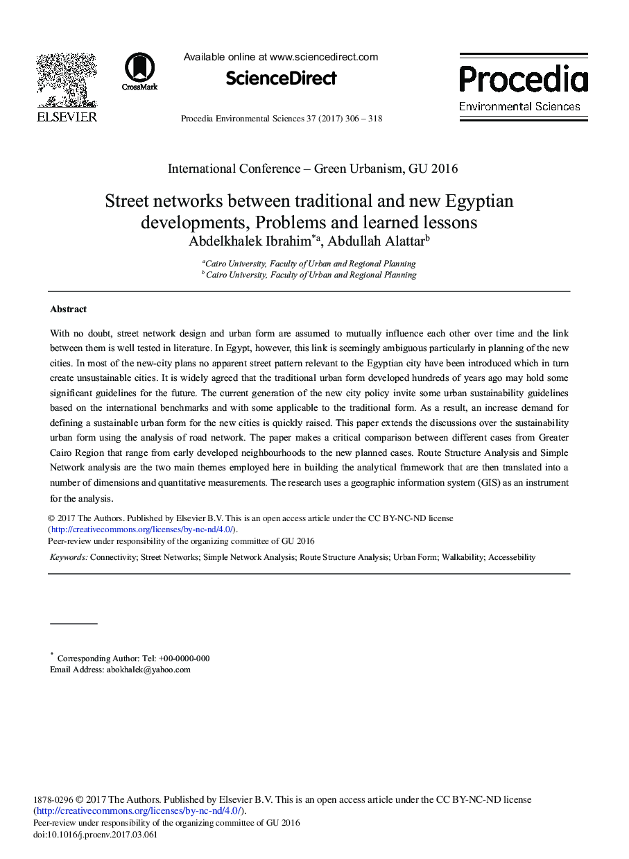 Street Networks between Traditional and New Egyptian Developments, Problems and Learned Lessons