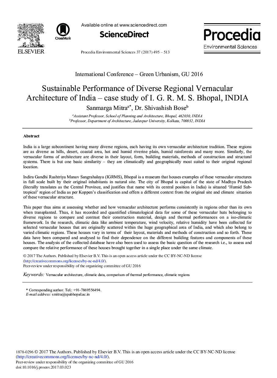 Sustainable Performance of Diverse Regional Vernacular Architecture of India - Case Study of I. G. R. M. S. Bhopal, INDIA